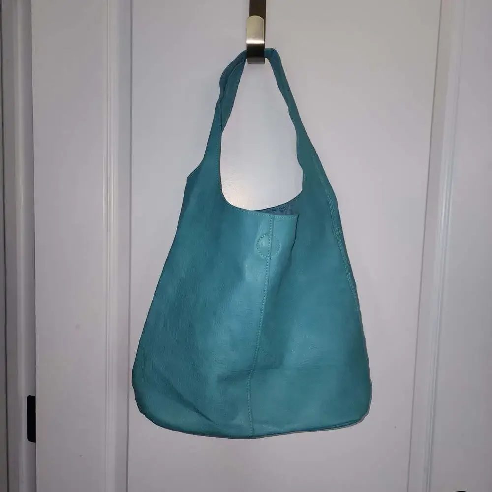 AMBRA Moda Turquoise Leather Slouchy Hobo Shoulder Bag